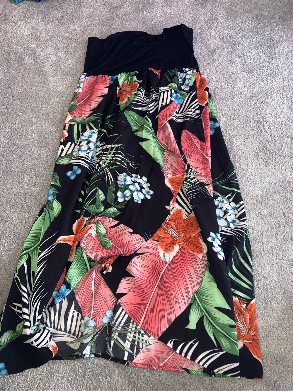 SHEIN Black Maxi Skirt with Pink, Green & Orange Tropical Print